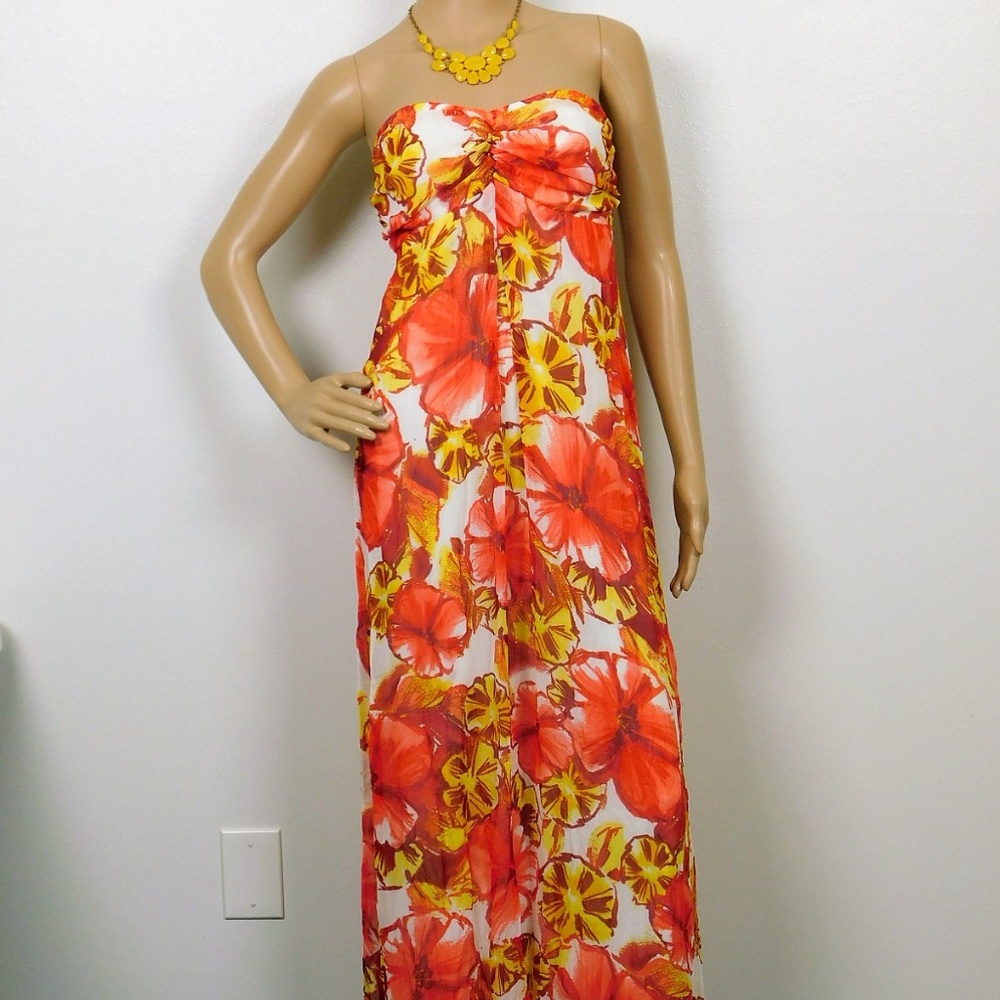 Juniors Strapless Maxi Chiffon Floral Dress Coral Size M Beach Long